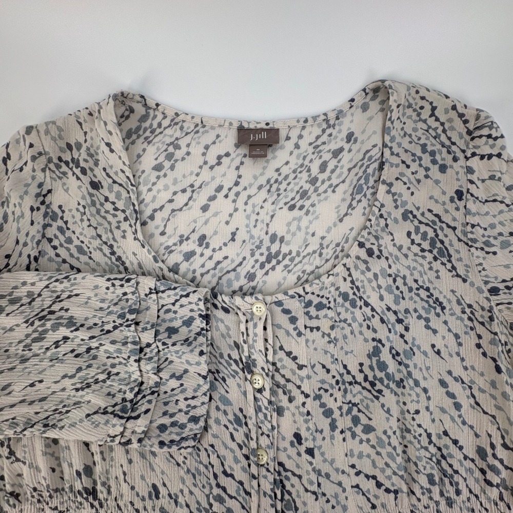 J. Jill Womens Blue Grey Abstract Print Crinkle Rayon 3/4 Sleeve Blouse Size M